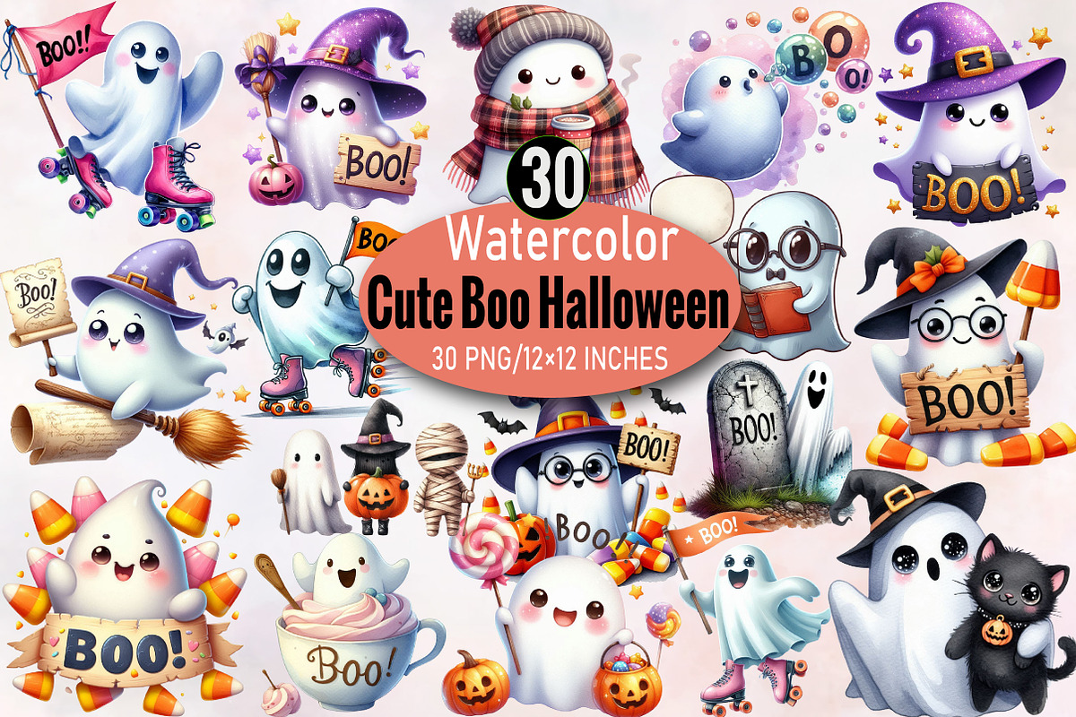 Watercolor Cute Boo Halloween Clipar, an Illustration by SVGArt (Photo 1 of 8)