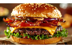 A gourmet burger with crisp bacon, a Food & Drink Photo by Igor Tichonow