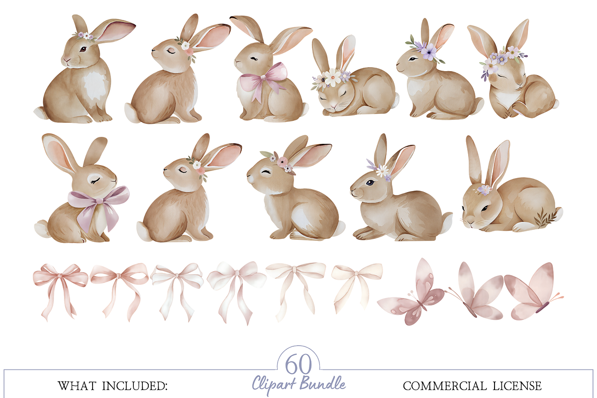 Watercolor Floral Bunny Clipart, an Illustration by MockupWizard (Photo 2 of 5)