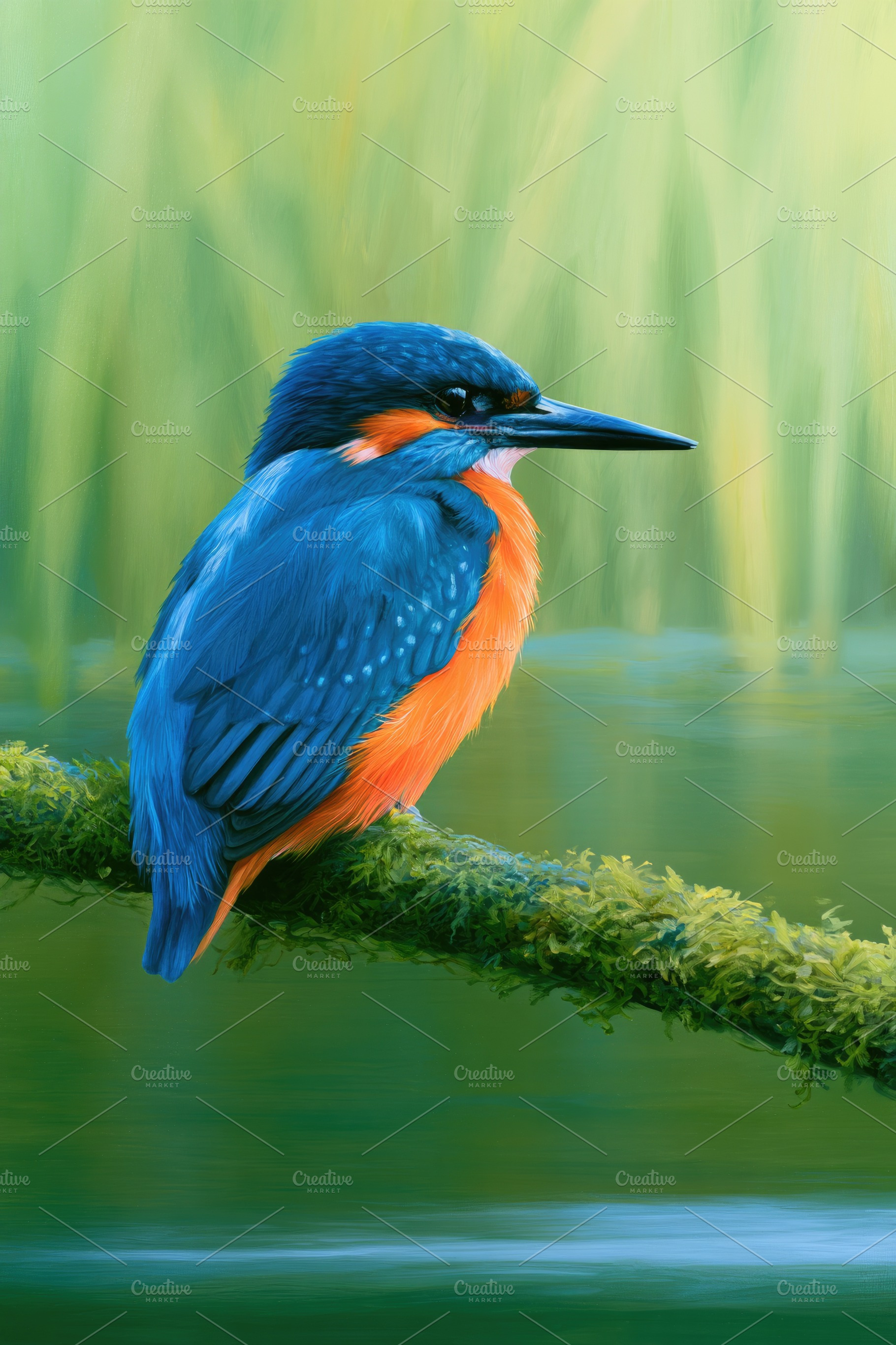 Common kingfisher perched on mossy branch watercolor illustratio, an Animal Photo by José Manuel Gelpi