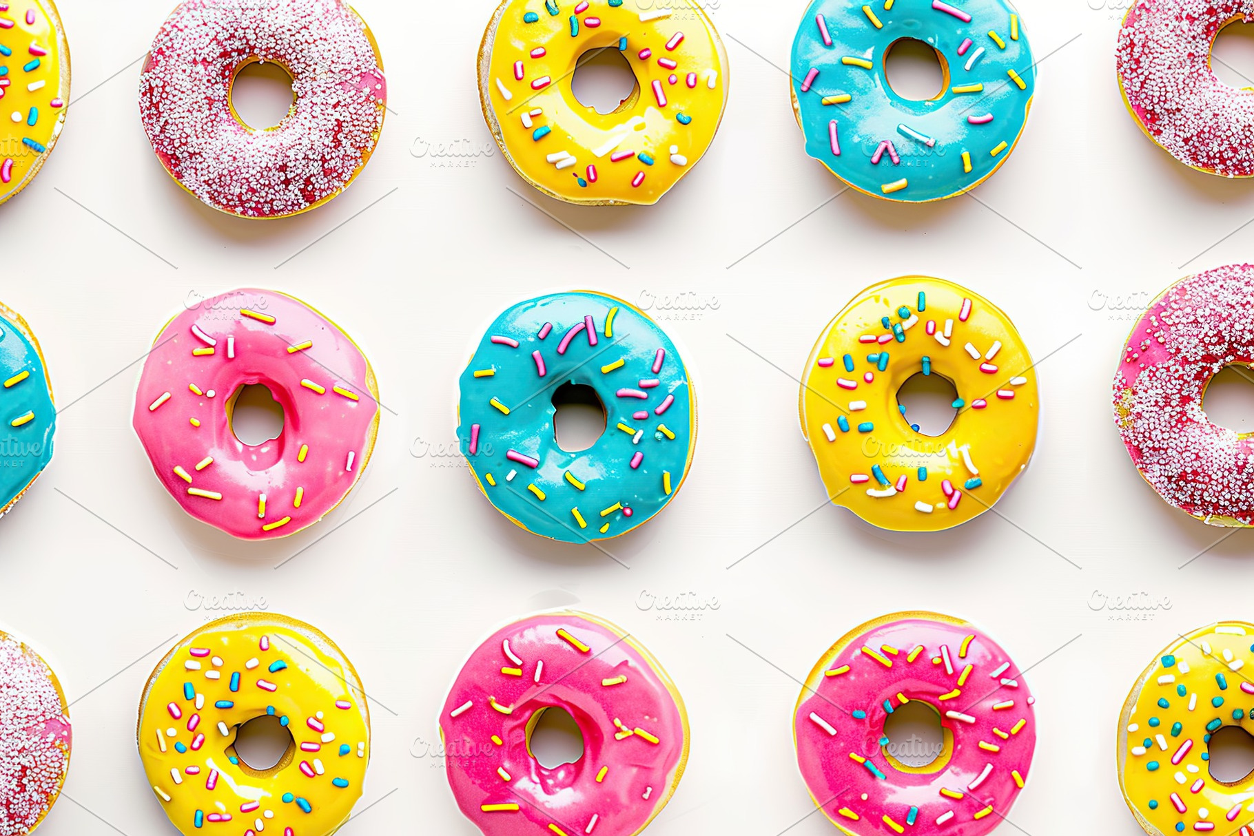Pattern of sweet and colorful donuts on white background, a Food & Drink Photo by AlyaAnd