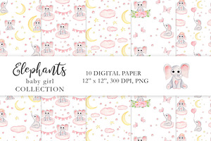 Watercolor Baby Girl Elephants Set