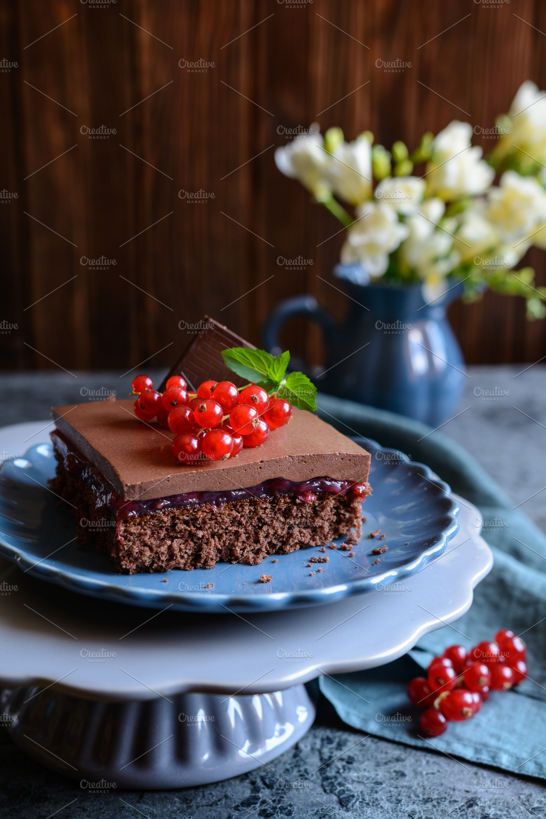 Cocoa dessert with red currant, a Food & Drink Photo by NoirChocolate