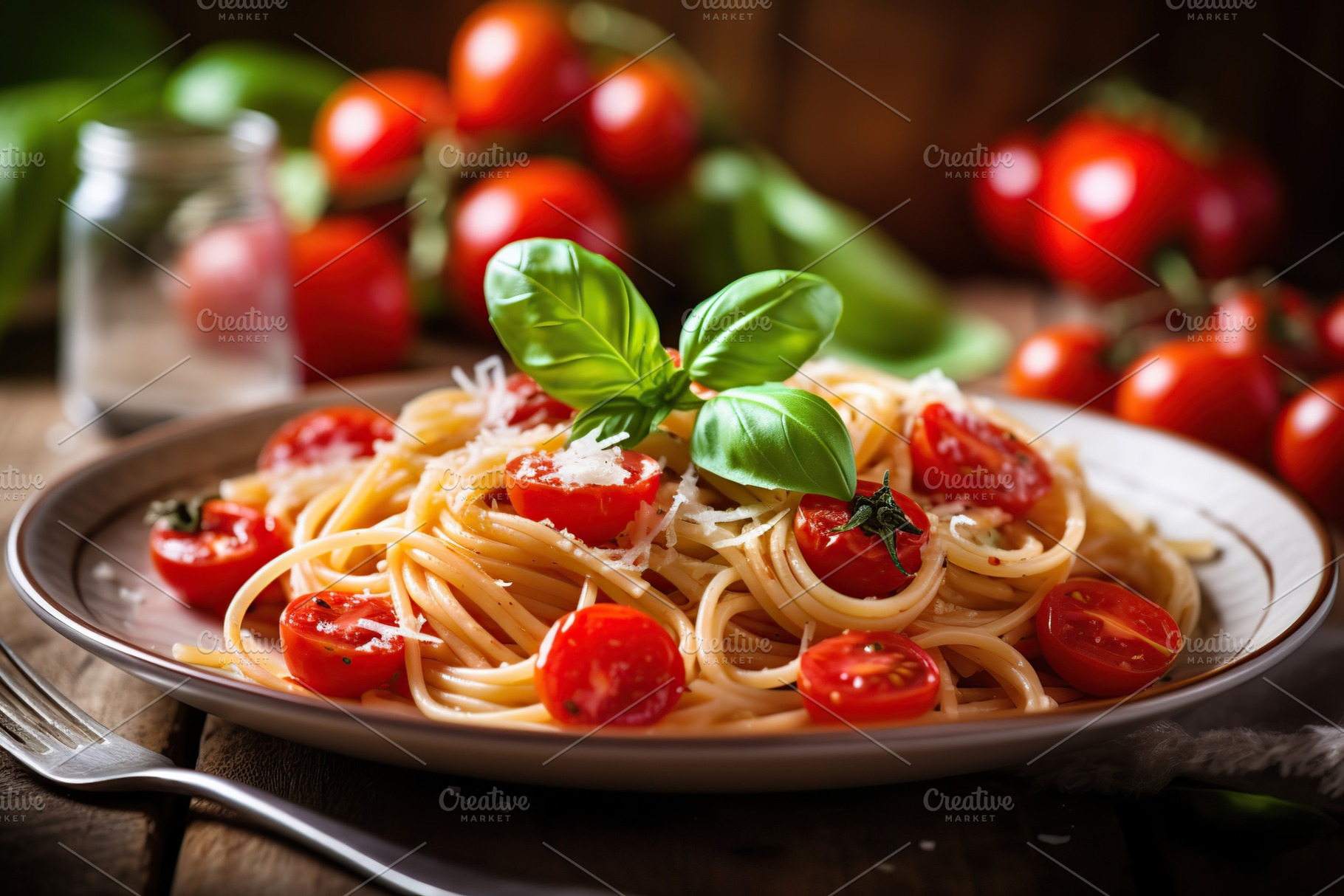 Tasty spaghetti with tomatoes and basil leafs in plate. Generative AI, a Food & Drink Photo by AlyaAnd