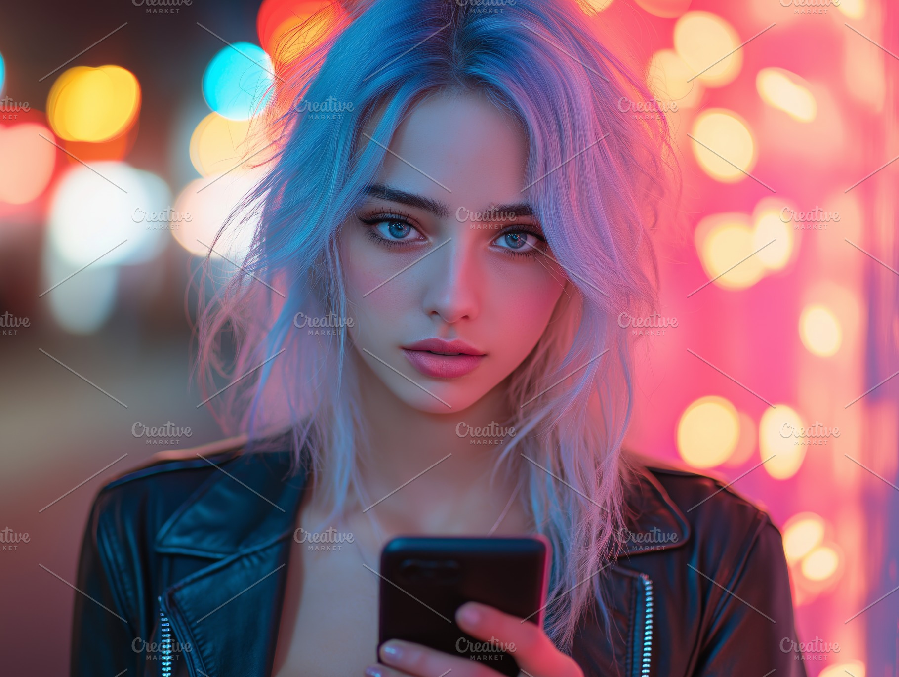A young Caucasian woman with striking blue hair holds a smartphone, illuminated, a Person Photo by ImageMir