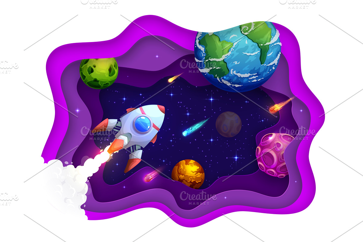 Space paper cut rocket, planets, an Education Illustration by Vector Tradition (Photo 1 of 3)