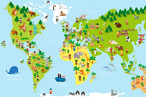 Cartoon World Map With Kids And More