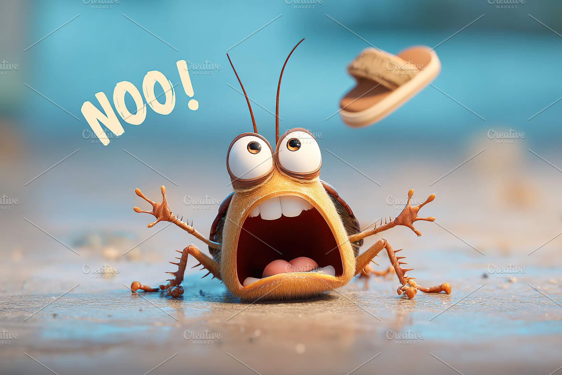 Cartoon insect with a shocked expression as a sandal flies through the air, a Photo by AlyaAnd