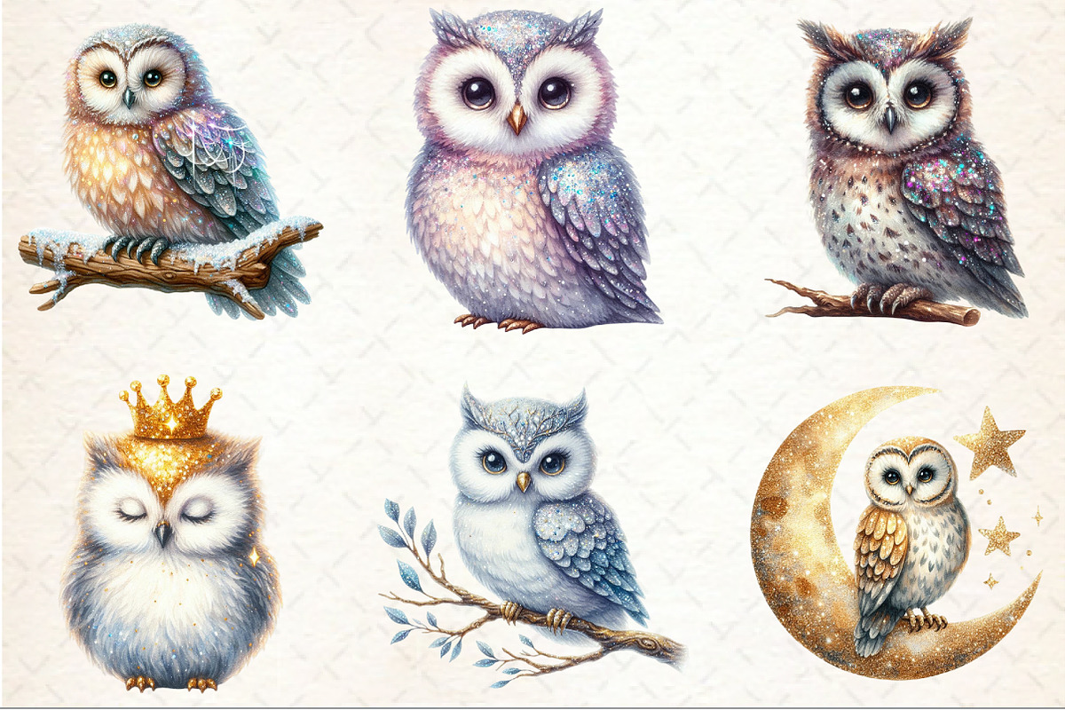 Watercolor Glitter Owl Clipart, an Illustration by Rose Art (Photo 3 of 4)