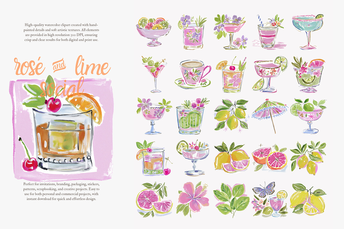 cocktail watercolor clipart set, a Decorative Illustration by Patishop Art (Photo 5 of 10)