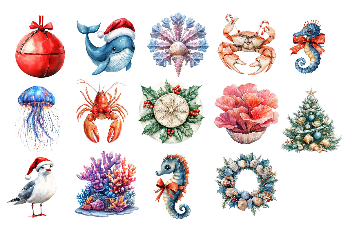 Watercolor Coastal Christmas Clipart, an Illustration by Dream Creation (Photo 3 of 5)