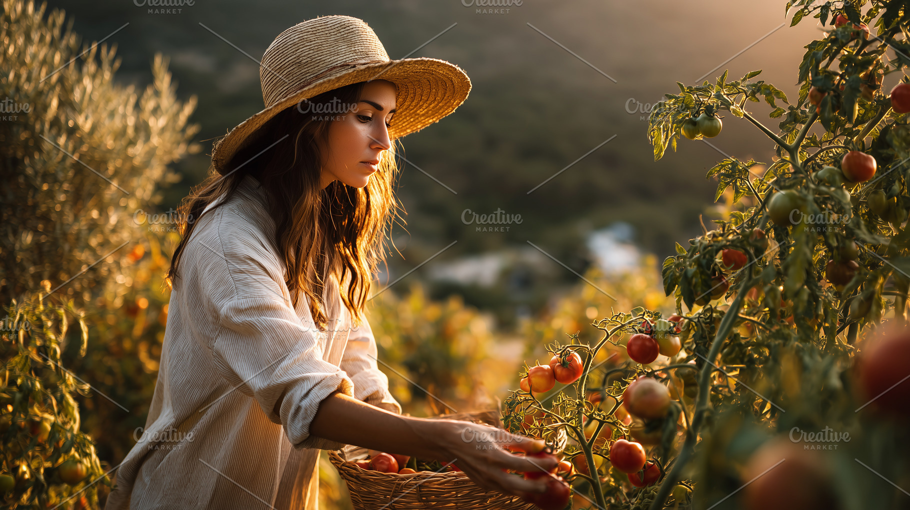 Young woman in straw hat harvesting, a Nature Photo by MistyDay