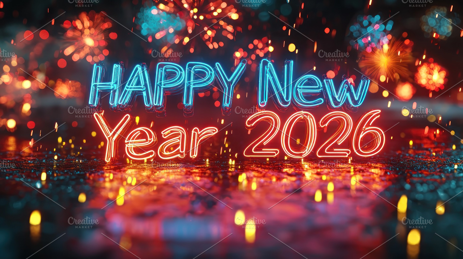 Neon happy new year 2026 glowing sign with fireworks and reflect, a Background Photo by José Manuel Gelpi
