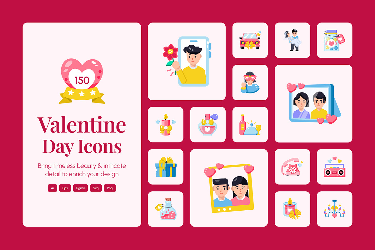 150 Valentine Day Icons, an Emoji Icon by Prosymbols (Photo 1 of 8)