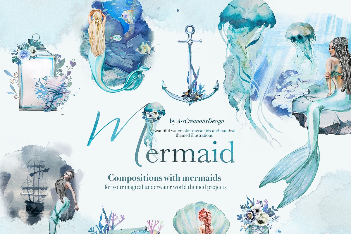 Hand-Painted Mermaid Clipart Set, a Person Illustration by ArtCreationsDesign (Photo 12 of 24)
