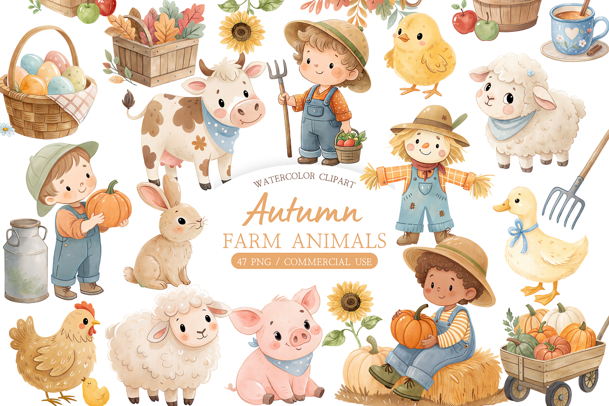 Watercolor Farm Animals Clipart, an Animal Illustration by MockupWizard (Photo 1 of 6)