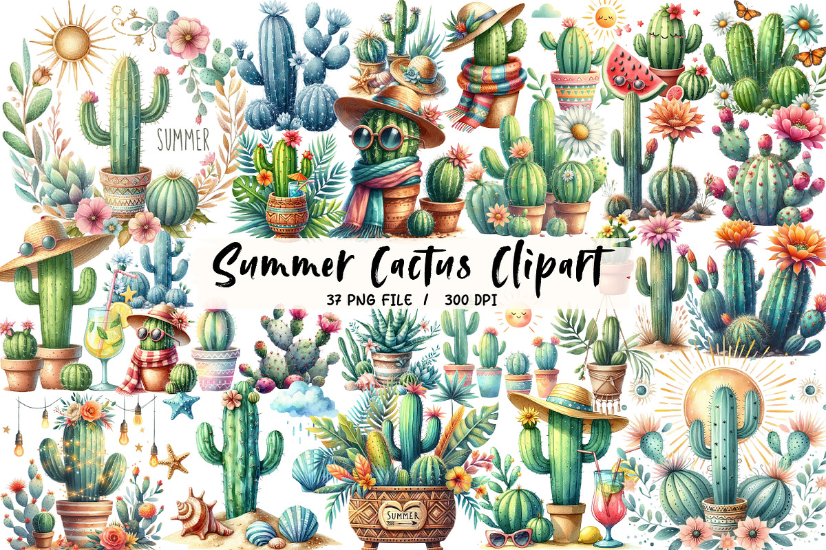 Watercolor Summer Cactus Clipart, an Illustration by Libby Wishes (Photo 1 of 4)