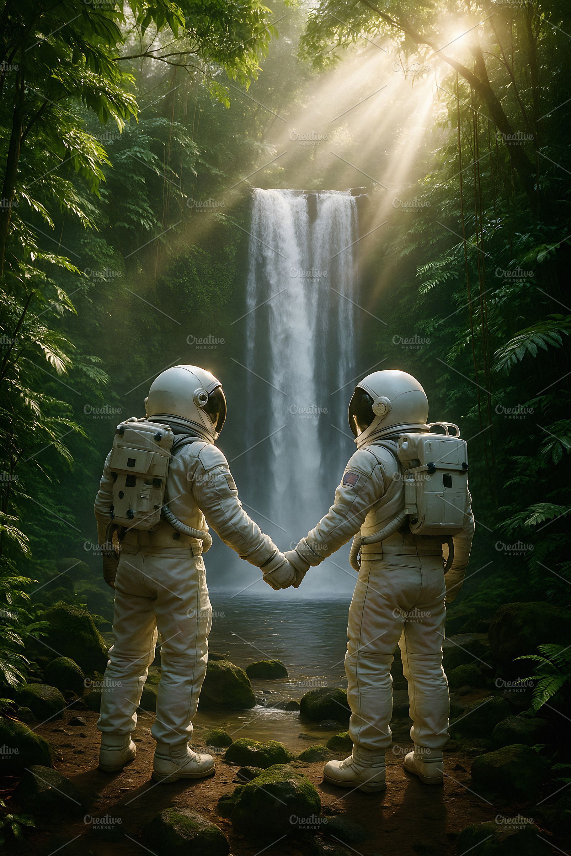 Astronauts together in forest near waterfall under glowing light, an Animal Photo by GoodGoods