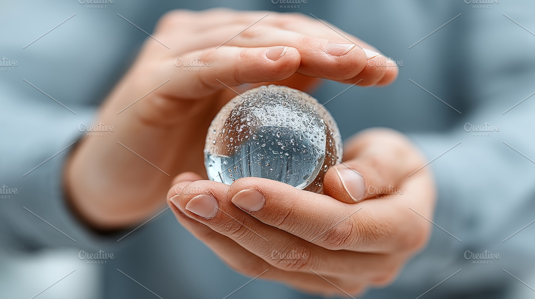 Hands holding a transparent sphere symbolizing care and innovation concepts, a Photo by AS photostudio