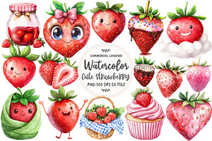 Watercolor Cute Strawberry Clipart, an Illustration by OK Design