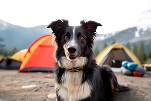 Portrait of Australian Shepherd dog in front of camping tent in mountain forest, an Animal Photo by Lenor4ik