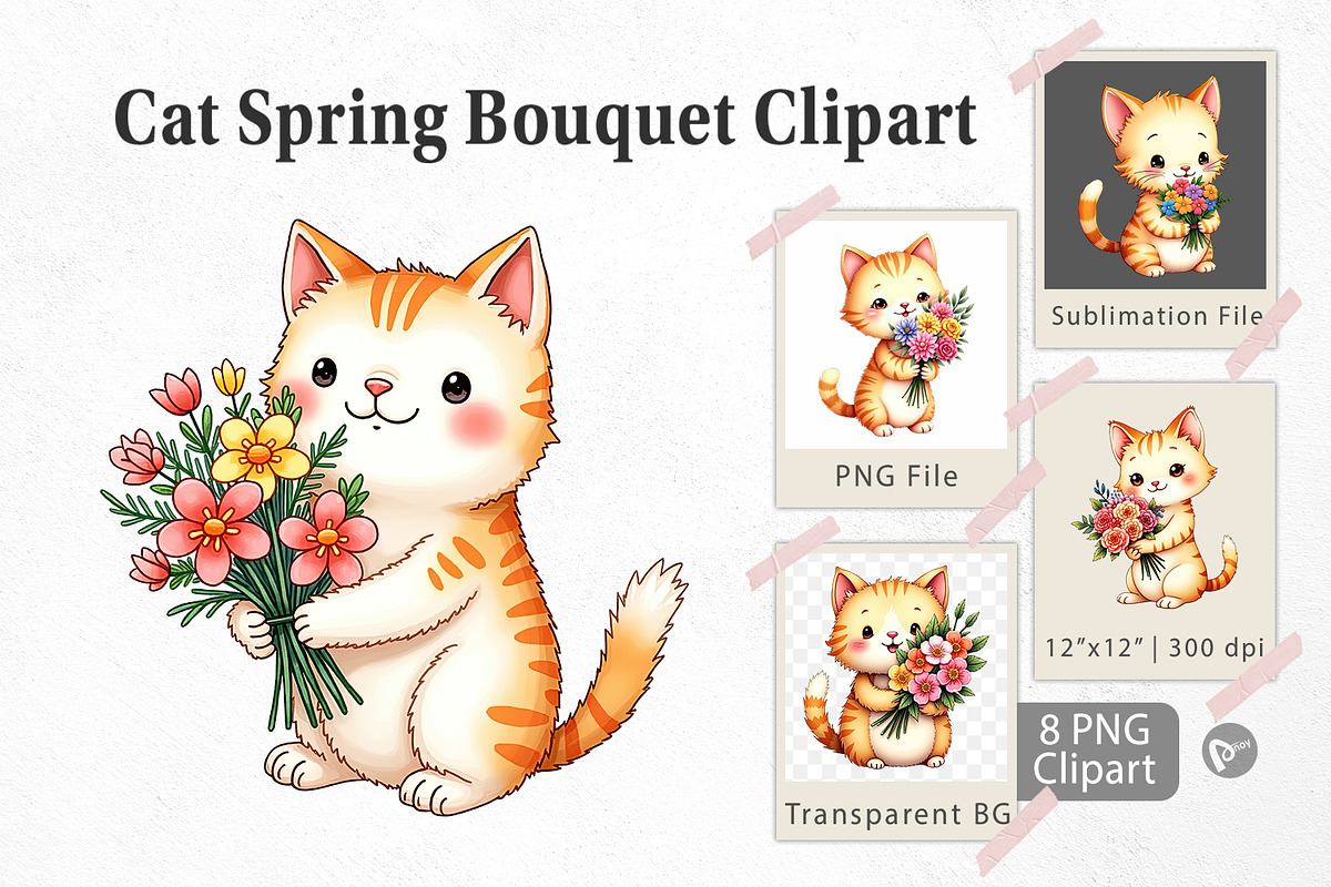 Cat Spring Bouquet Clipart, a Graphic by Artnoy (Photo 1 of 5)