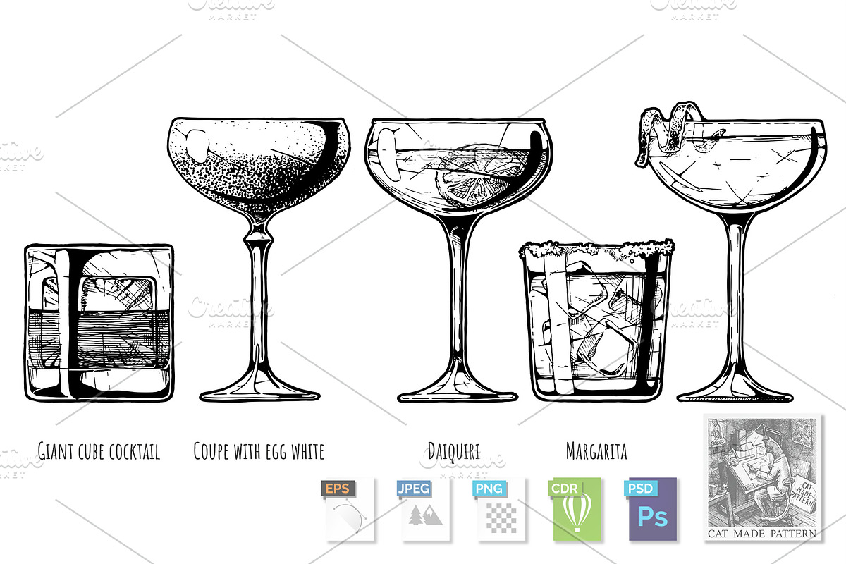 Vector set of alcohol cocktail, a Food Illustration by CatMadePattern
