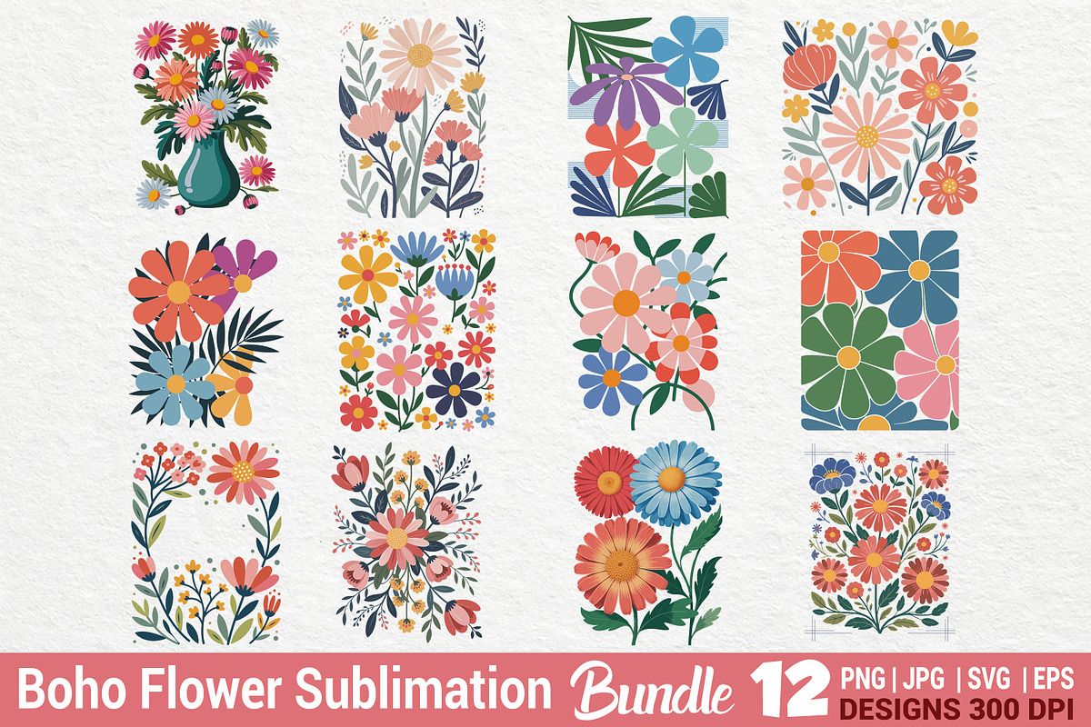 Boho Retro Flower Sublimation Bundle, an Illustration by Actual Pixel (Photo 1 of 13)