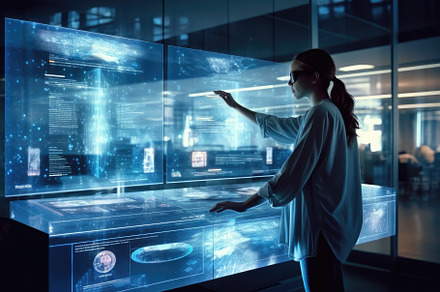 A photo of a person using a holographic display to interact with, a Technology Photo by designvectx