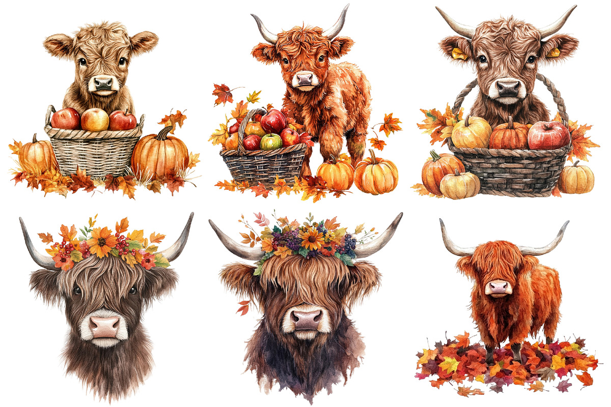 Watercolor Autumn Highland Cow, an Illustration by CitraGraphics (Photo 4 of 6)