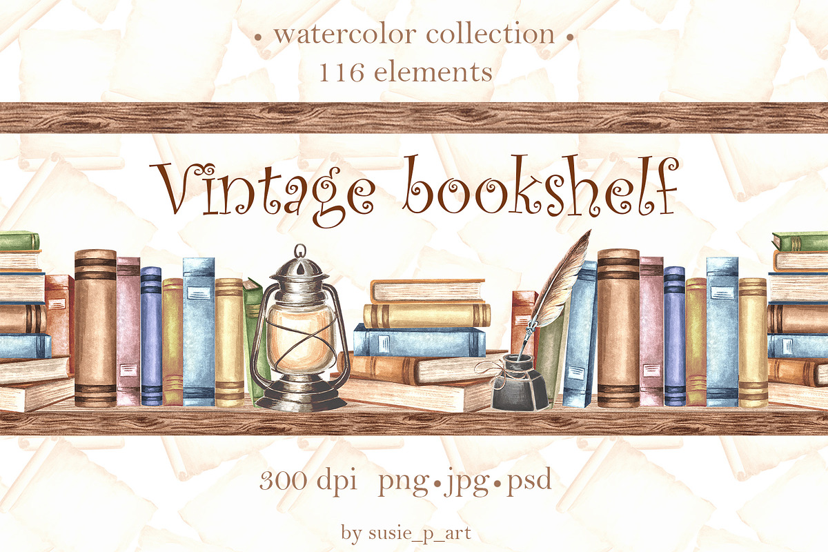 Vintage bookshelf watercolor clipart, an Education Illustration by susie-p-art (Photo 1 of 13)