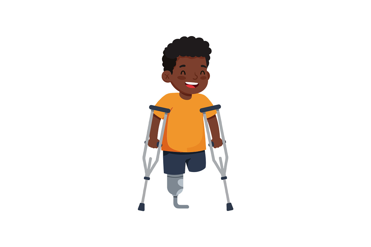 Happy young boy with crutches and a, an Illustration by designvectx