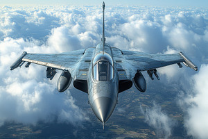 Fighter jet soaring above the clouds, a Photo by Tanuart