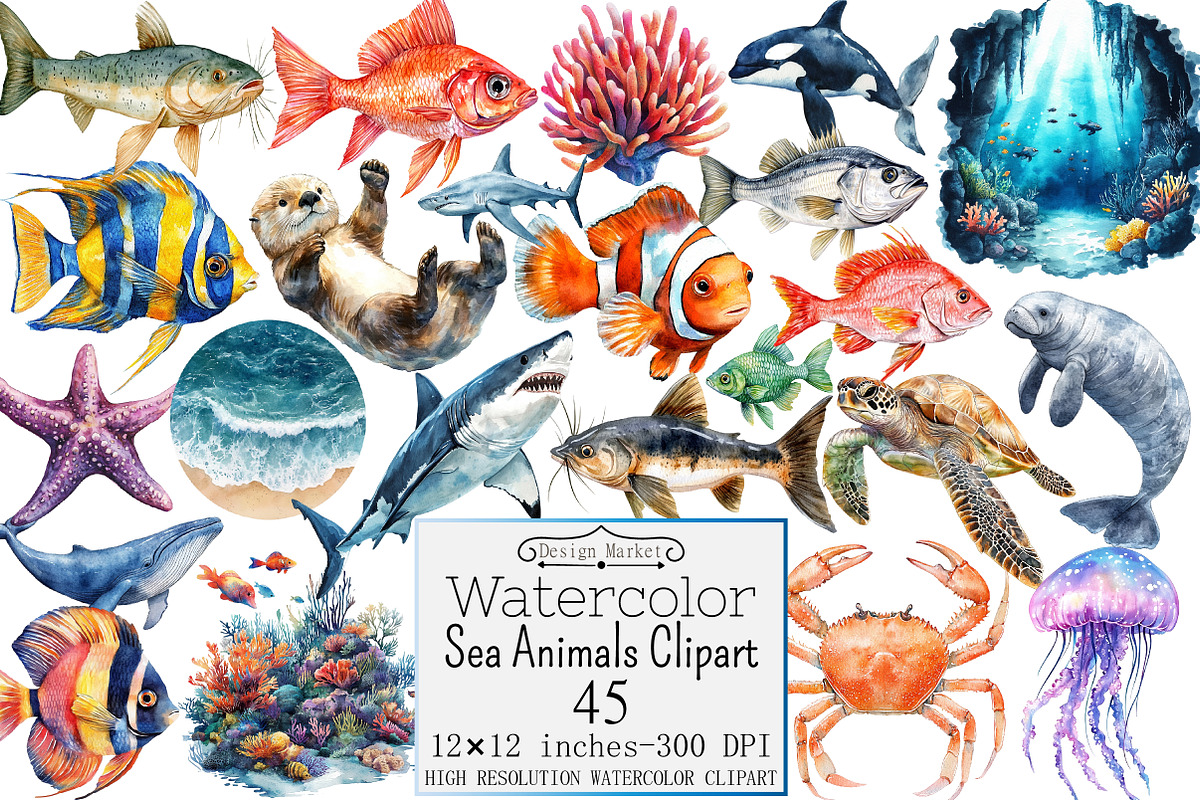 Watercolor Sea Animals Clipart, a Seasonal Illustration by Design Market (Photo 1 of 5)