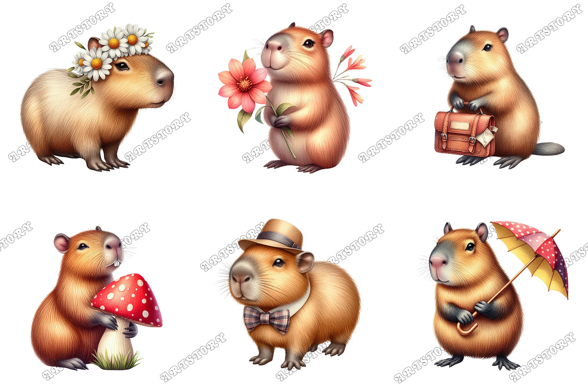 Watercolor Capybara Clipart PNG, an Illustration by designcity5