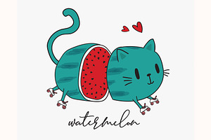 Cute cat loves watermelon