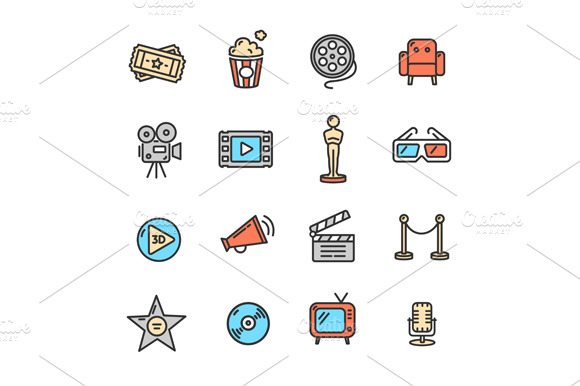 Cinema Colorful Outline Icon Set.