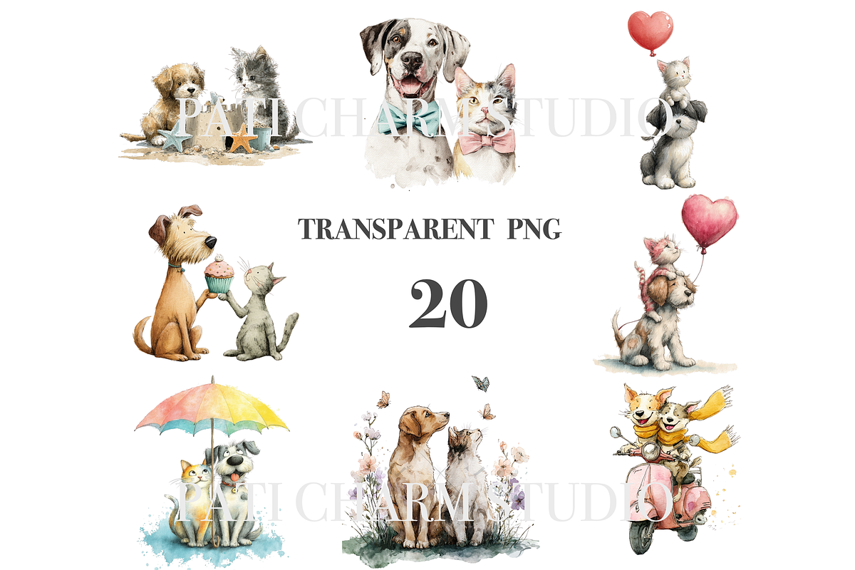 20 Whimsical Cat and Dog PNG Clipart, an Animal Illustration by Pati Charm Studio (Photo 3 of 8)