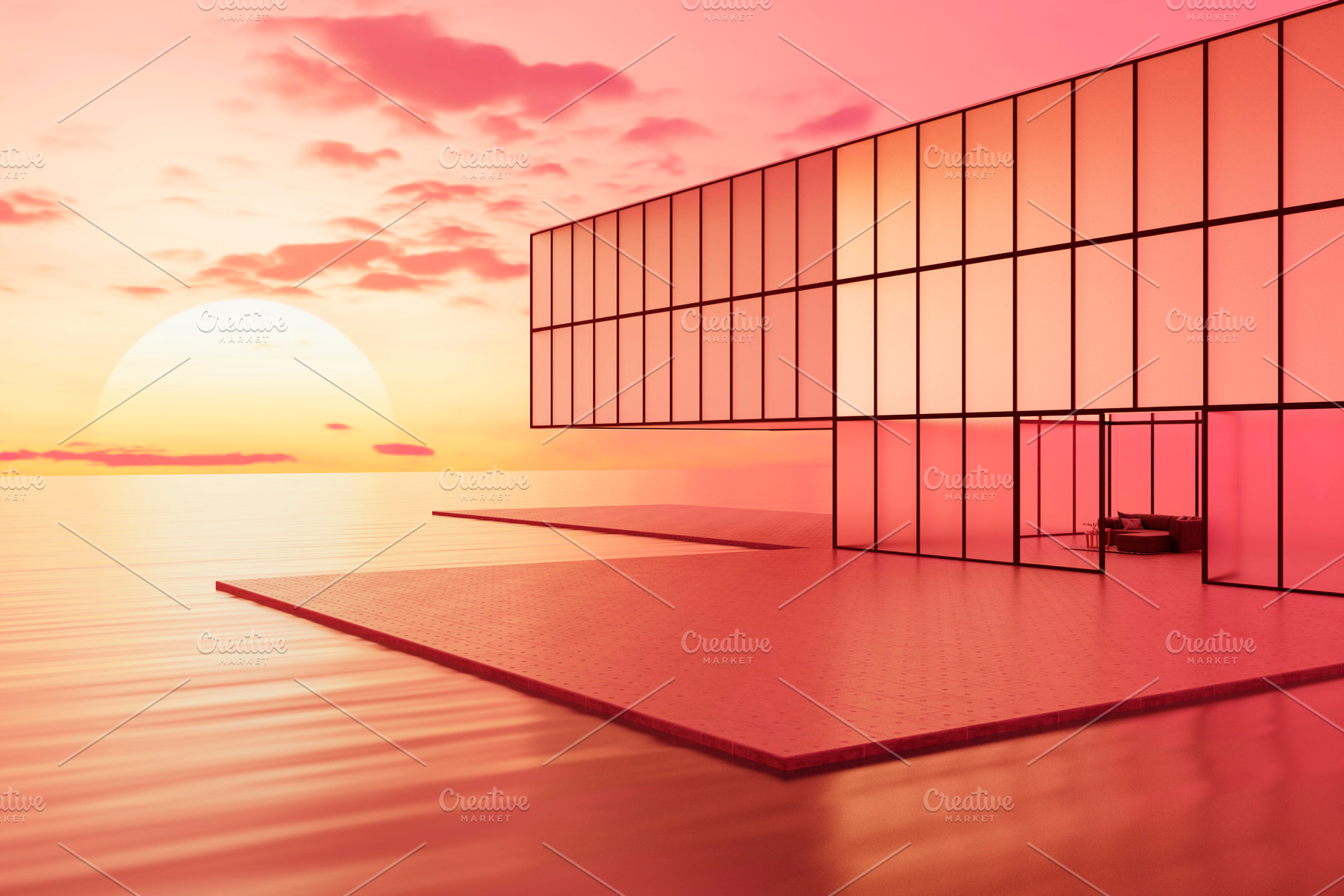 Modern glass house by ocean at sunset with warm reflections, an Architecture Photo by RF Images