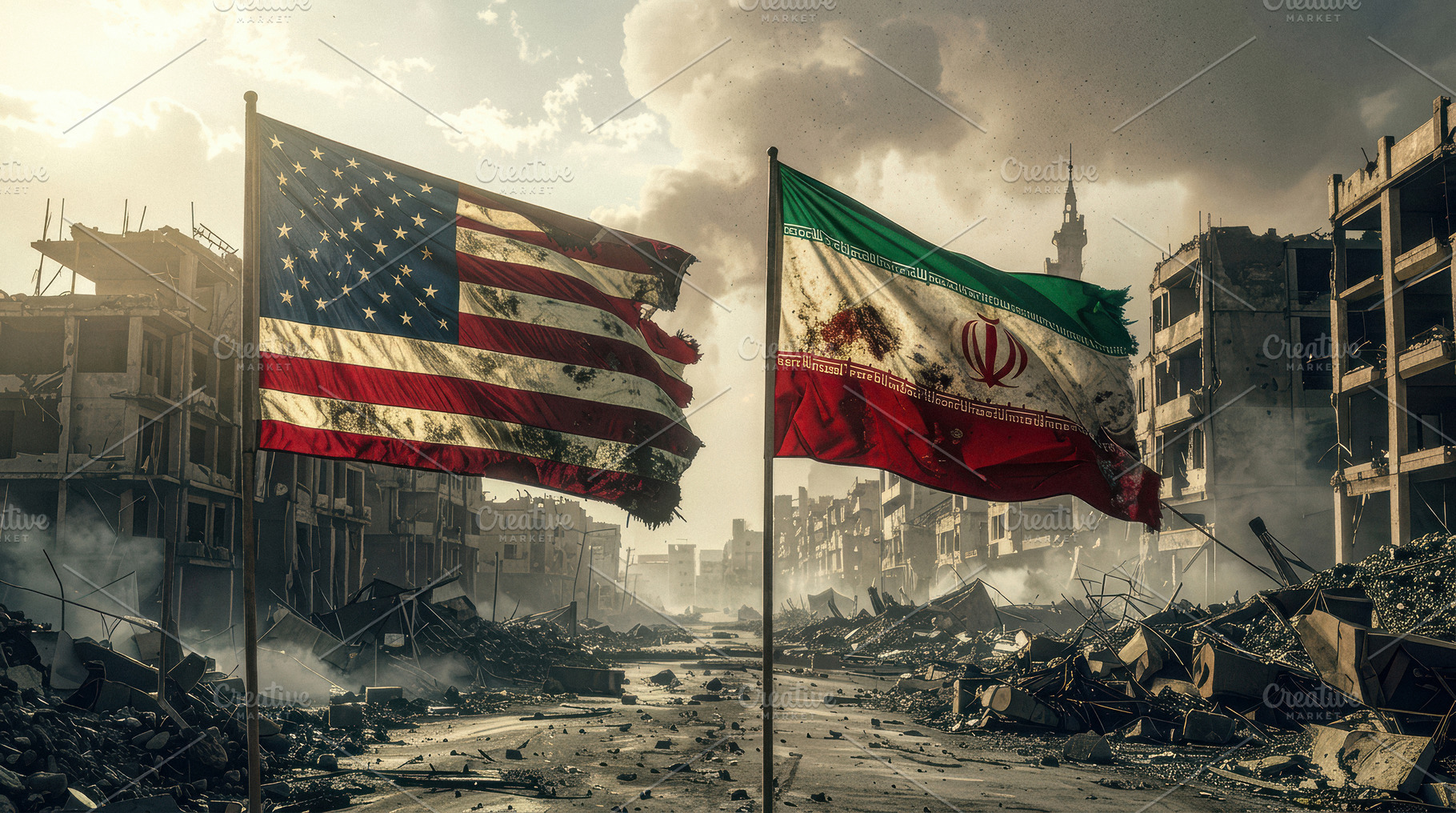 US and Iran Flags in War Ruins, an Abstract Photo by Davizro's Market