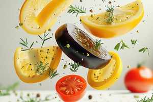 Yellow bell pepper, eggplant, and to, a Food & Drink Photo by Pixeness Studio
