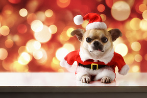 Chihuahua dog Santa Claus with golden bokeh background and spark, a Holiday Photo by Davizro's Market