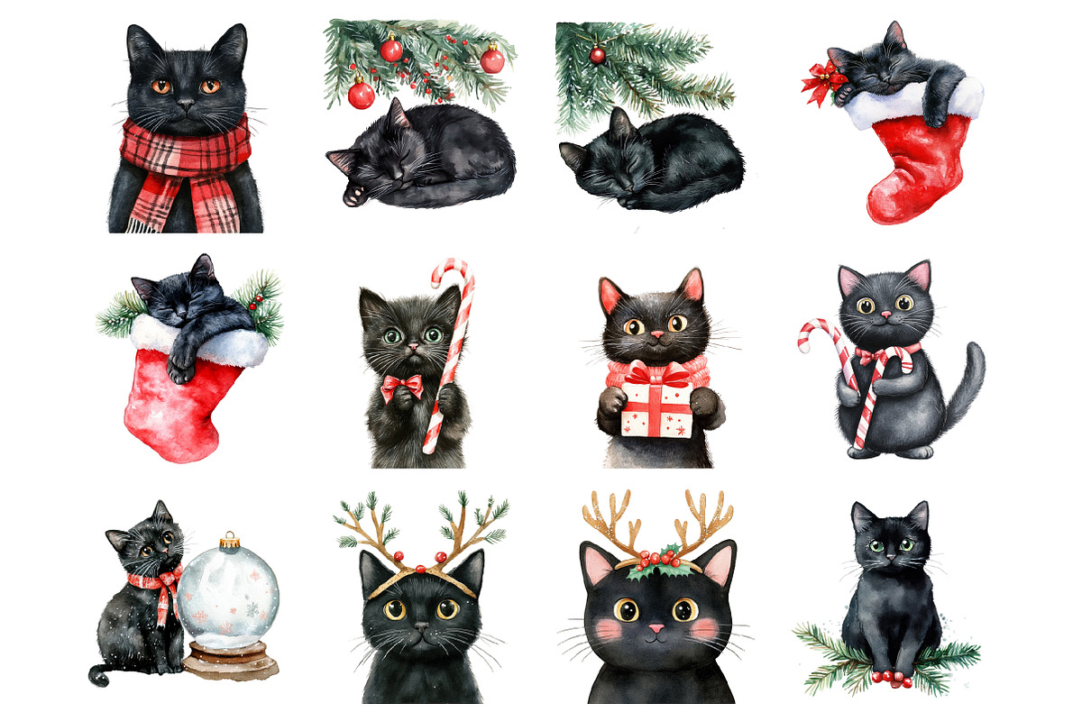 Christmas Black Cat Clipart, an Illustration by Design Market (Photo 2 of 3)