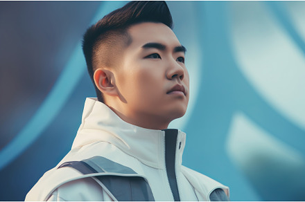 Handsome asian man on blue wall, a Person Photo by Ylivdesign