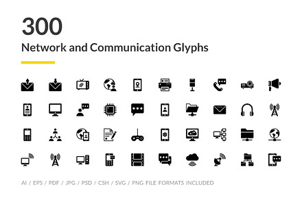 300 Network and Communications Icons, a Solid Icon by Creative Stall