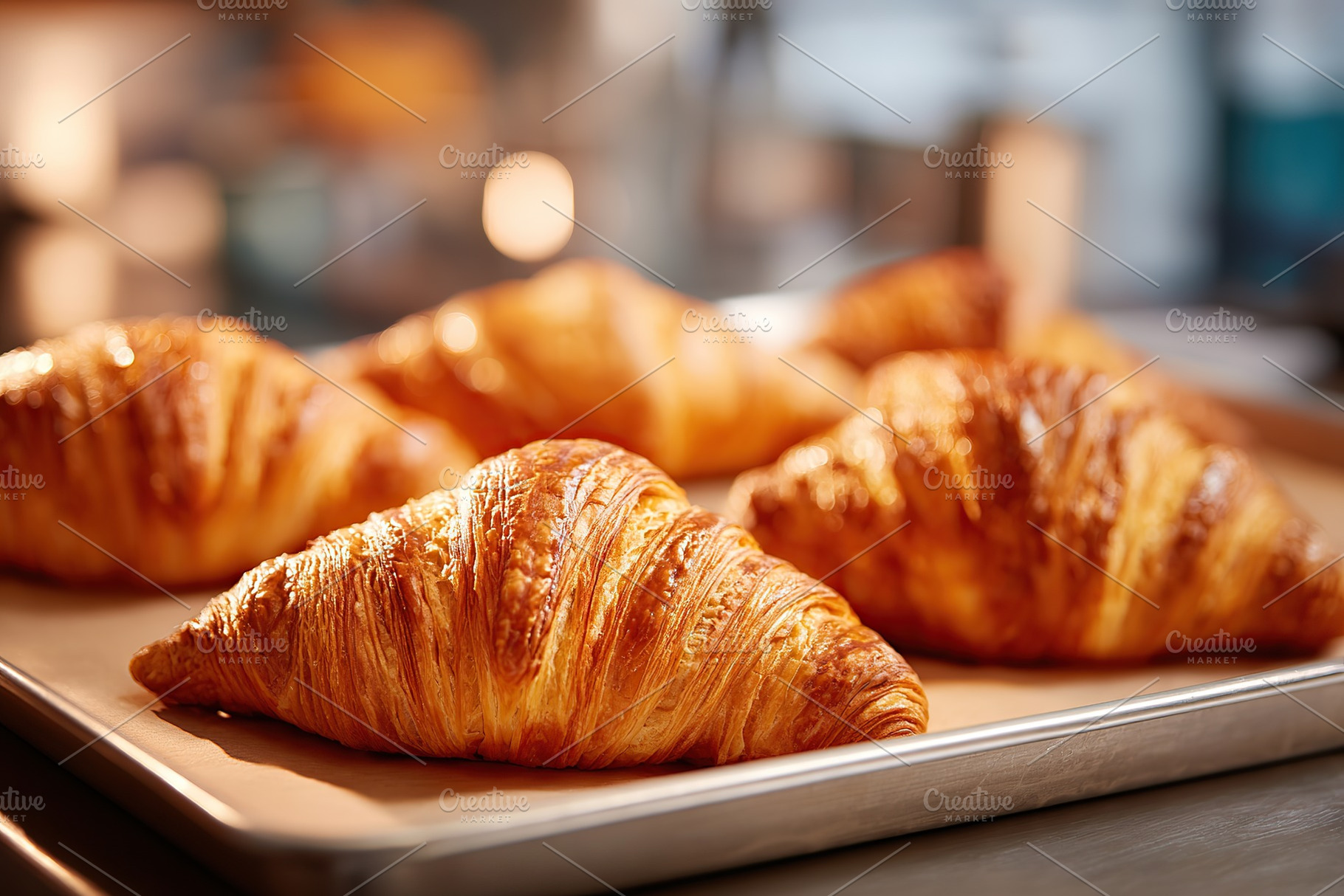 Freshly baked golden croissants stacked on a tray ready for serving in a cozy b, a Food & Drink Photo by AlyaAnd