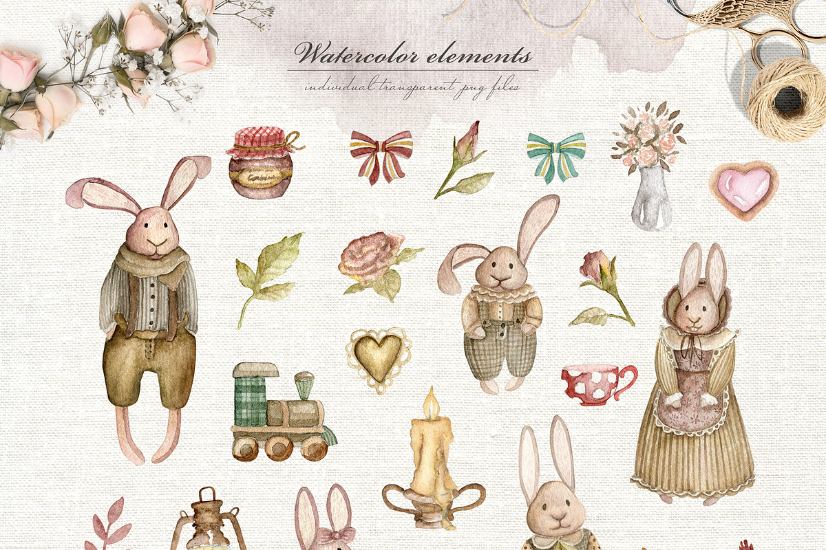 Vintage rabbits. Watercolor set, an Object Graphic by JuliaBadeeva (Photo 4 of 7)