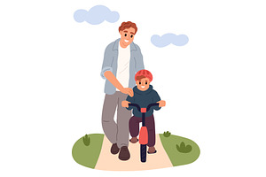 Father teaches his young son how to, an Illustration by Vectorbuum