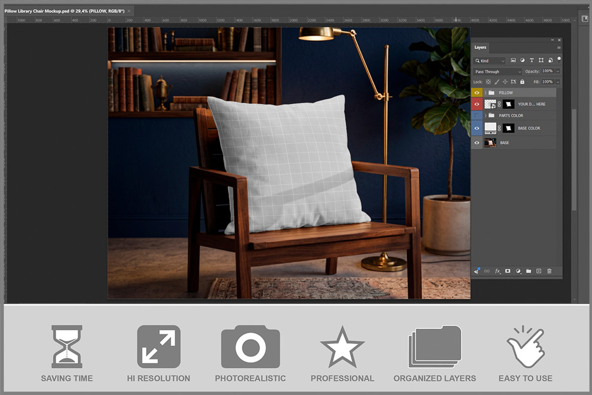 Pillow Library Chair Mockup PSD, a Household Mockup by Bruno's Shop (Photo 2 of 3)