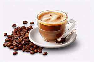 Cup of coffee with coffee beans clos, a Food & Drink Photo by Pixeness Studio